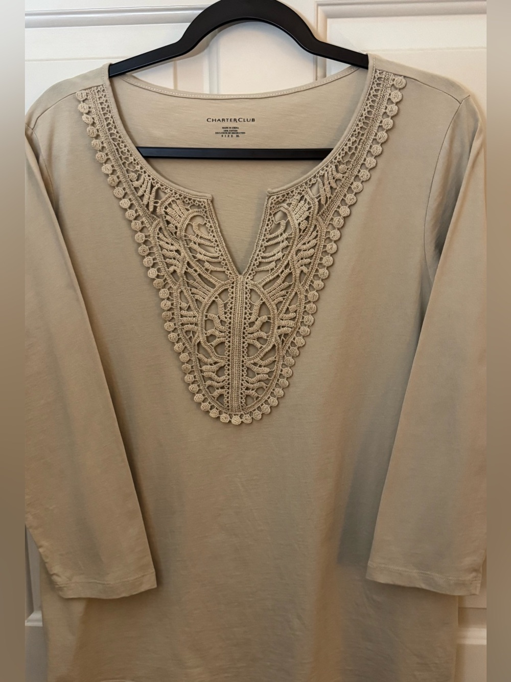 Charter Club Top 100% Cotton Beige Boho Crochet V-Neck 3/4 Sleeve Top Size -XL